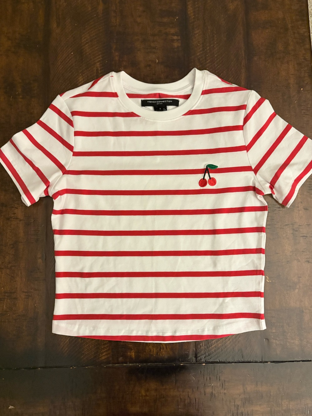 French Connection Red and White Striped Shirt with Cherry Accent, Small